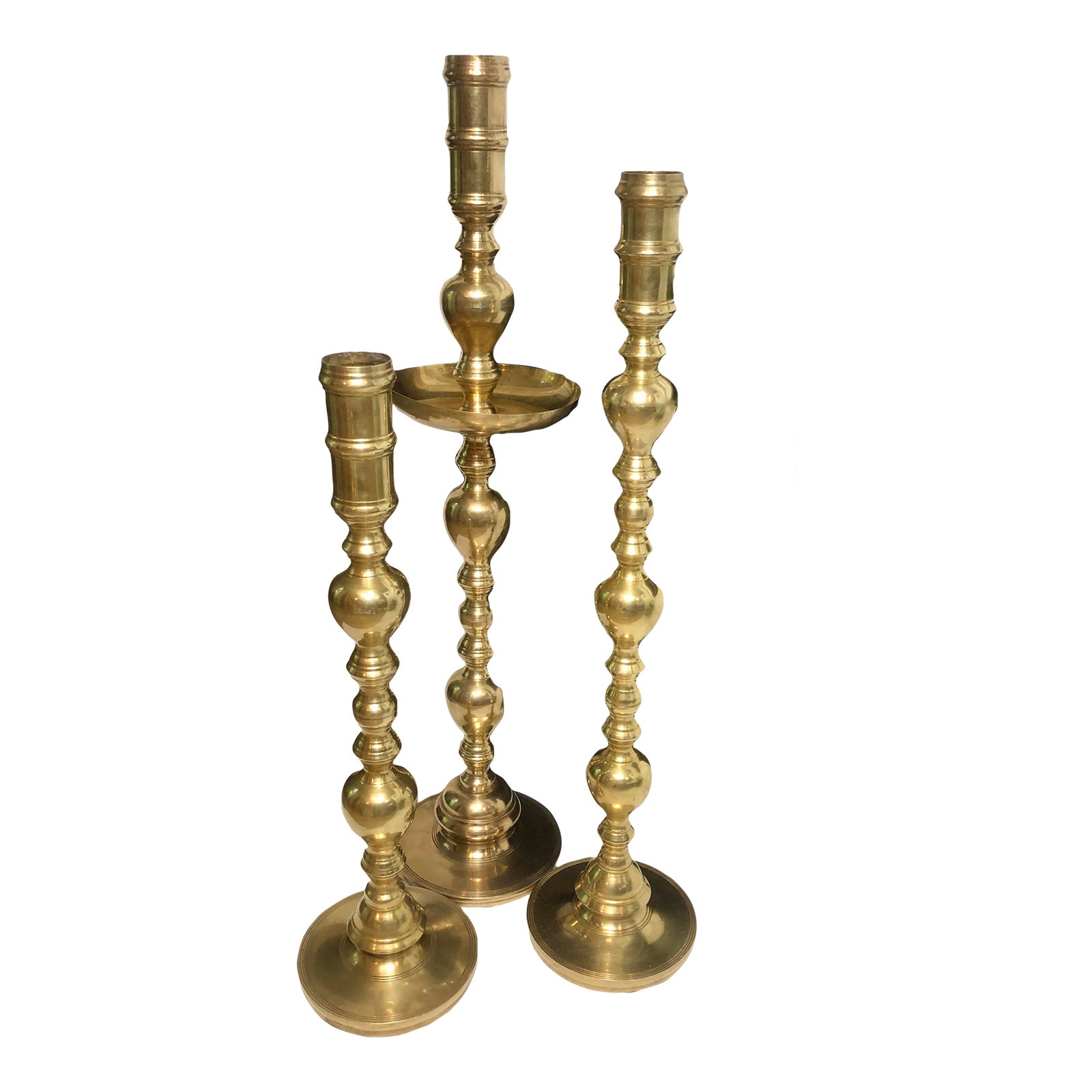 Late 20th Century Solid Brass Tall Floor Candle Holders Set of 3