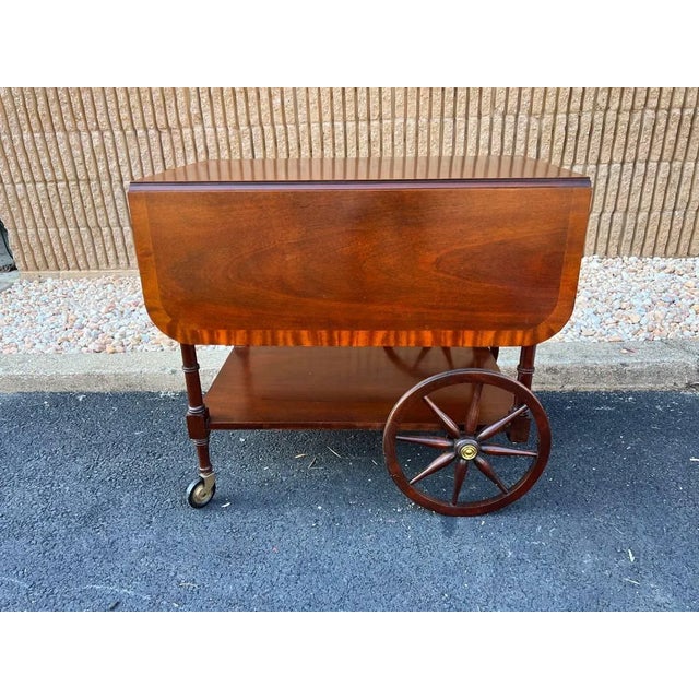 Baker Furniture Vintage Federal Style Inlaid Mahogany Drop Leaf Table Tea Bar Cart With Drawer For Sale - Image 11 of 12