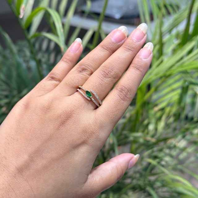 English Handmade 14k Yellow Gold Marquise Emerald & Diamond Open Sprial Ring Size 4 For Sale - Image 3 of 18