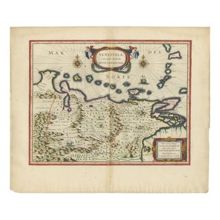 Venezuela Map with Caribbean & Nueva Andalusia from Blaeu, 1642 For Sale