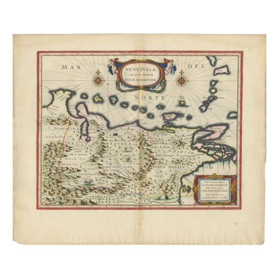 Venezuela Map with Caribbean & Nueva Andalusia from Blaeu, 1642 For Sale