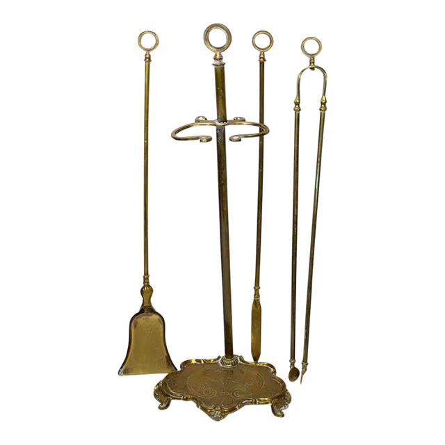Four Piece Vintage Brass Fireplace Tool Set For Sale