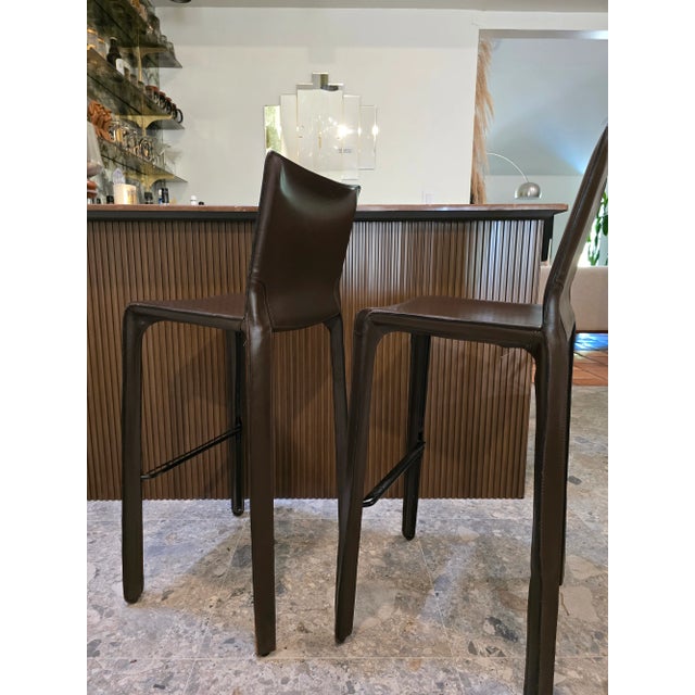 Mario Bellini Brown Leather Cab 410 Stools for Cassina - Set of 2 For Sale - Image 10 of 12