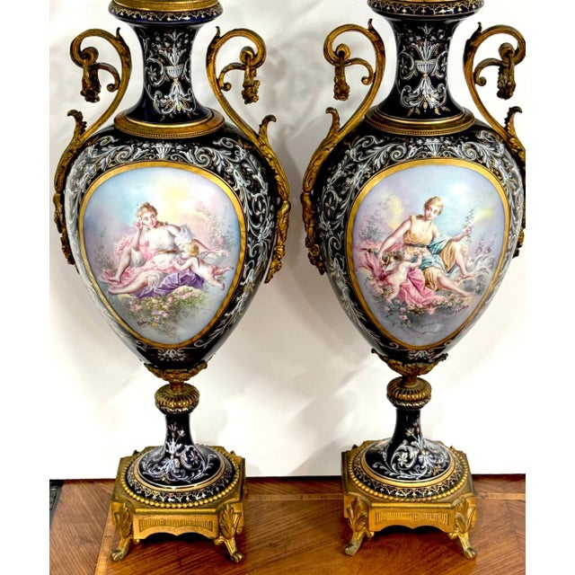 19th Century Ormolu Mounted Sevres Cobalt Urns, Now As Lamps - a Pair For Sale In Greensboro - Image 6 of 12