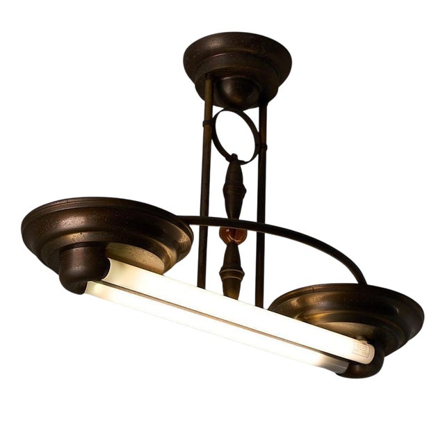 Art Deco Double Fluorescent Ceiling Fixture in Patinated Bronze, 1930 For Sale