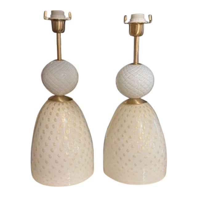 Murano Style Ivory and Gold Glass Lamps - a Pair For Sale