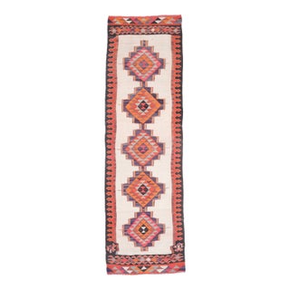 1970s Vintage Turkish Handmade Wool Cotton Cream Orange Runner Rug For Sale