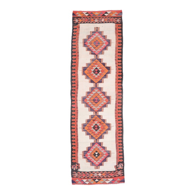 1970s Vintage Turkish Handmade Wool Cotton Cream Orange Runner Rug For Sale