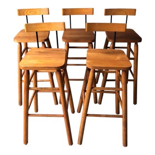 1990s Mid-Century Modern Wood Bar Stools With Wrought Iron Accents - Set of 5 For Sale