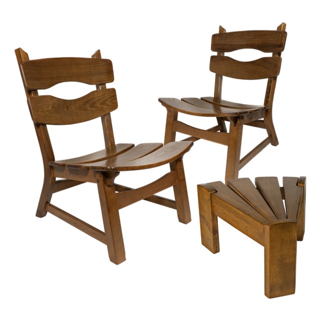 Vintage Brutalist Oak Fireplace Lounge Chairs & Side Table by Dittmann for Awa, 1960s, Set of 3 For Sale