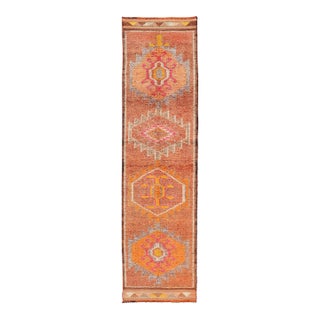 Vintage Turkish Runner With Large Medallion Kurdish Design in Earthy Tones 2'9 X 11'0 For Sale