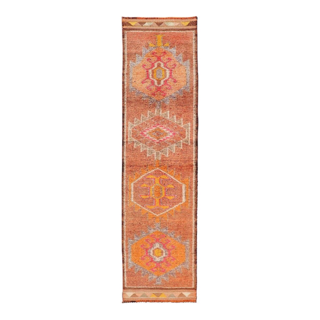 Vintage Turkish Runner With Large Medallion Kurdish Design in Earthy Tones 2'9 X 11'0 For Sale