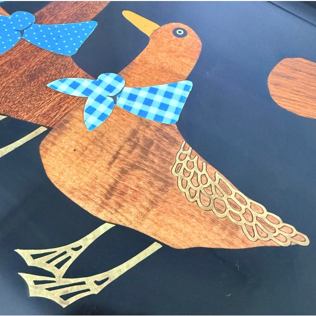 Wood Classic Vintage Mid-Century Modern Couroc of Monterey, Ca Tray With a ‘Handkerchief Duck Trio’ With Hand Inlaid Wood, Brass, & Gingham/Dot Detailing For Sale - Image 7 of 12
