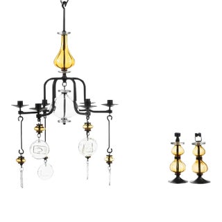 Erik Hoglund Swedish, 1932-1998 Art Glass Candle Chandelier & Candlesticks - 3 Piece Set For Sale