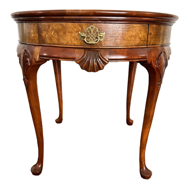 Vintage Baker Furniture Queen Anne Burl Walnut Round Accent Table | Georgian Style Carved Shell Side Table With Drawer For Sale