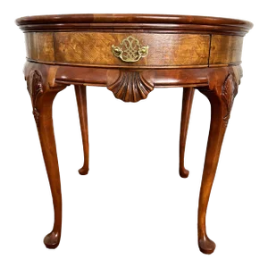 Vintage Baker Furniture Queen Anne Burl Walnut Round Accent Table With Shell Motif