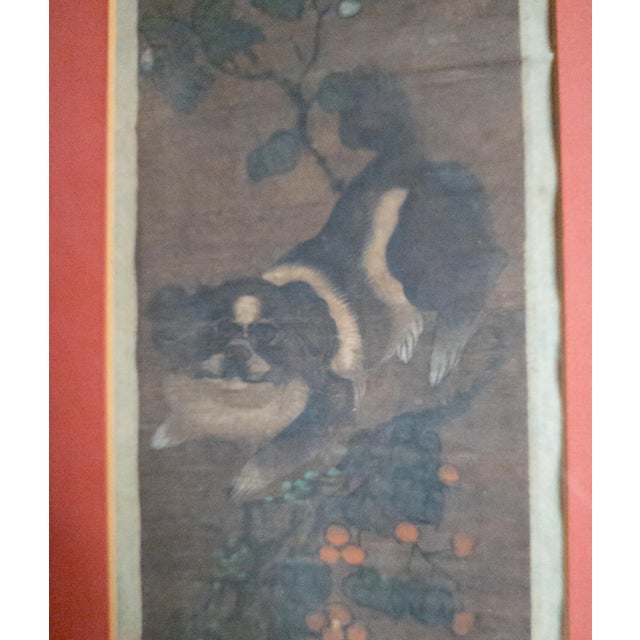 Red 19th Century or Earlier Chinese Silk Scroll Painting With Pekingese Dogs For Sale - Image 8 of 10