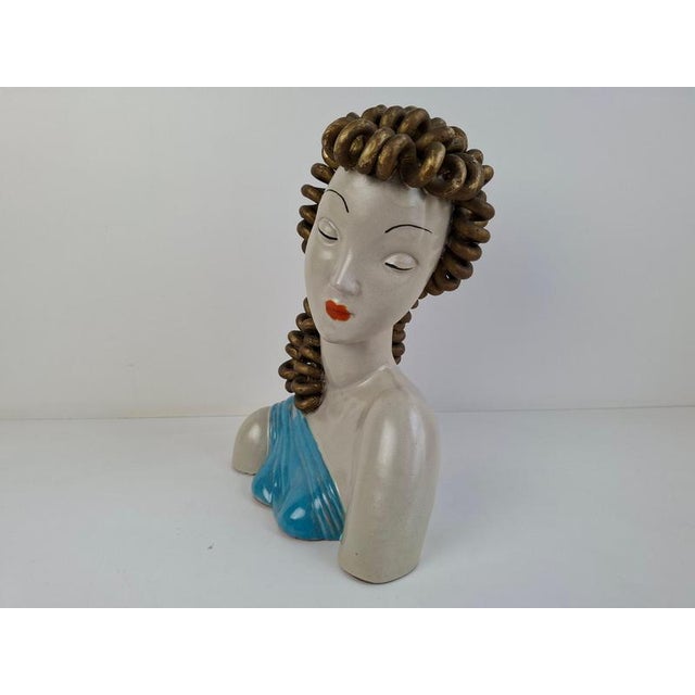 Art Deco Ceramic Bust of a Woman with Gilded Curled Hair, Czechoslovakia, 1930s For Sale - Image 11 of 18