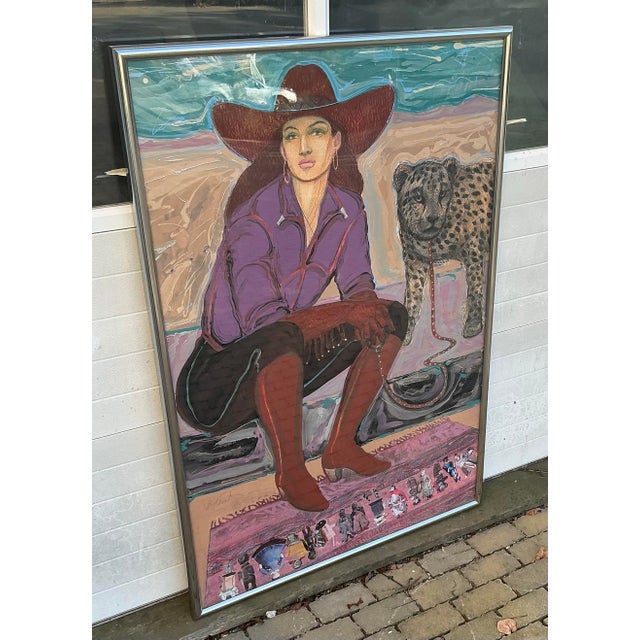 Fabulous mixed media painting by renown Taxas painter and sculptor Mick Reber. Cowgirl and leopard in a desert landscape....