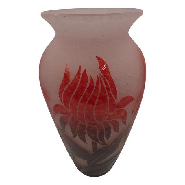 David Gueron Degue Large Degué French Art Deco Acid-Etched Cameo Glass Vase With Ruby Red Floral Overlay, Circa 1925 For Sale - Image 4 of 10