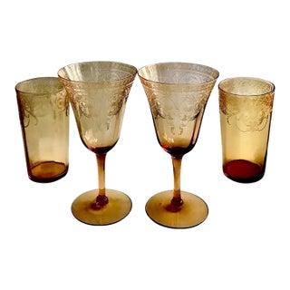 1920s Cambridge Glass Amber Etch No. 704 Water Goblets & Flat Soda Tumblers – Set of 4 For Sale