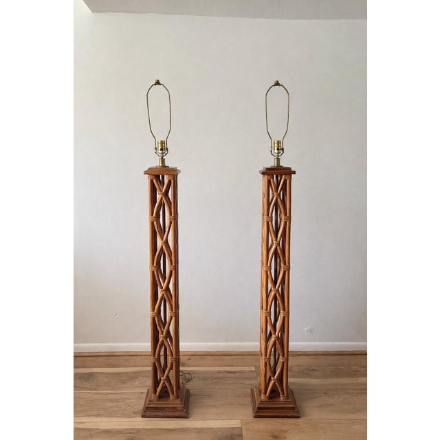 Mid-Century Modern Late 20th Century Tall McGuire Style Rattan Lattice Floor Lamps - a Pair For Sale - Image 3 of 12
