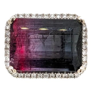 9.19ct Bi-Color Tourmaline Ring W Natural Diamond Halo in Solid 14k White Gold Size 6.75 For Sale