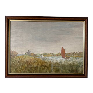 1990 Vintage S. Lancanter Lake Boat Landscape Oil Painting on Board, Framed For Sale