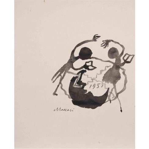 Mino Maccari, 1950 New Year's Eve, Drawing, 1950, Watercolor on Paper For Sale