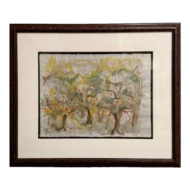 Vintage Abstract Watercolor Painting Apple Fruit Trees For Sale