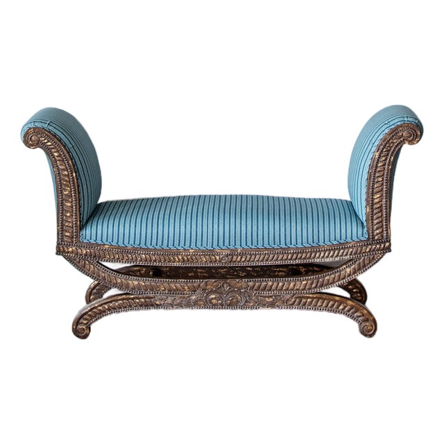 Antique French Curule Style Bench – Carved Wood Frame in Schuyler Samperton Fabric For Sale