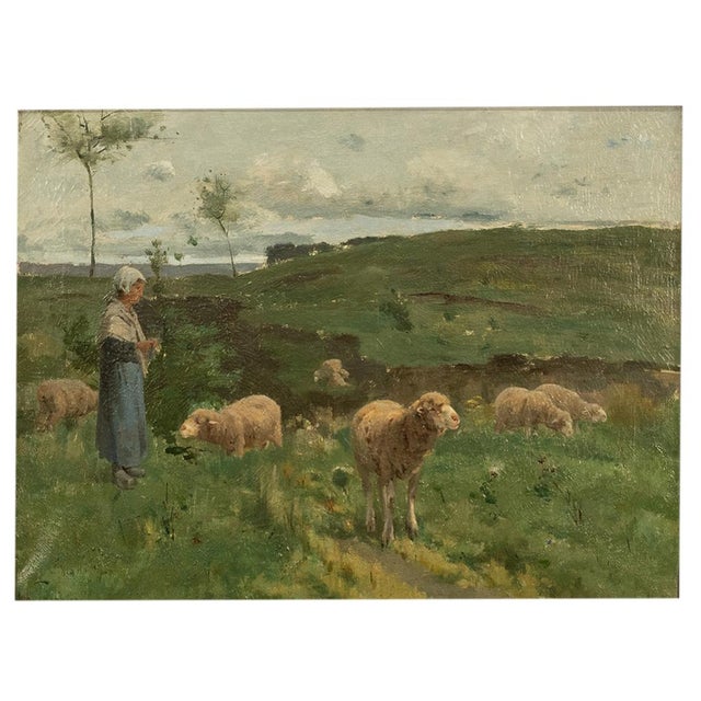 French 19thC Oil on Canvas French Pastoral Realism Barbizon School Landscape Painting by Harry Thompson, 1885 For Sale - Image 3 of 18
