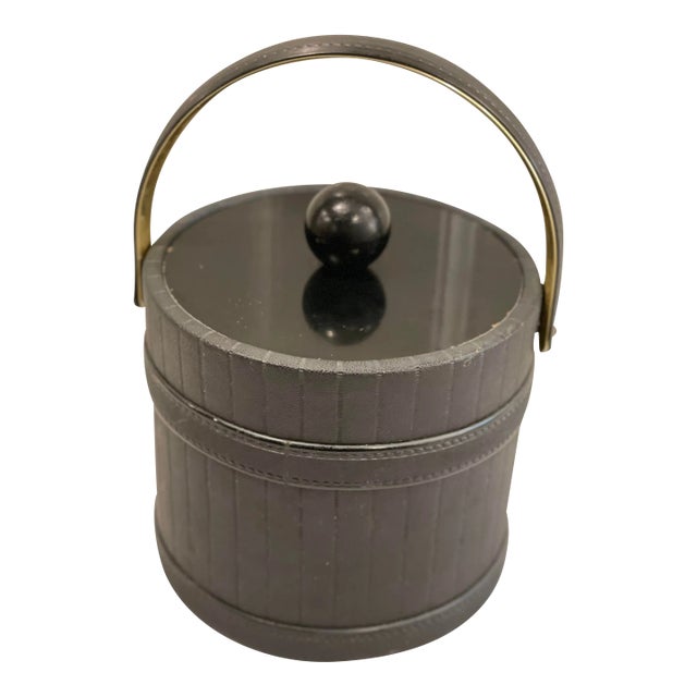 Mid 20th Century Black and Brass Leather Pinstripe Ice Bucket For Sale