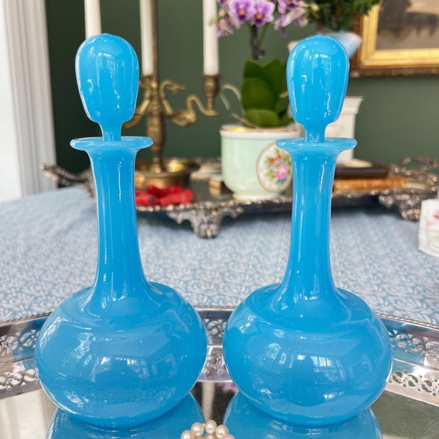 Beautiful pair of antique French blue opaline glass decanters with stoppers // large perfume / scent bottles // vanity decor // boudoir For Sale - Image 9 of 9