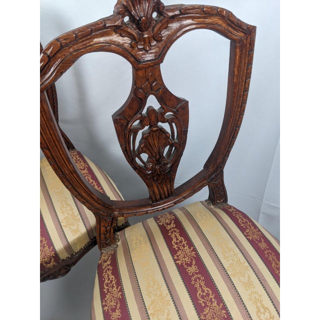 Wood Late 20th Century Pair of French Louis XV Style Carved Walnut Side Chairs With Burgundy & Gold Damask Upholstery For Sale - Image 7 of 17