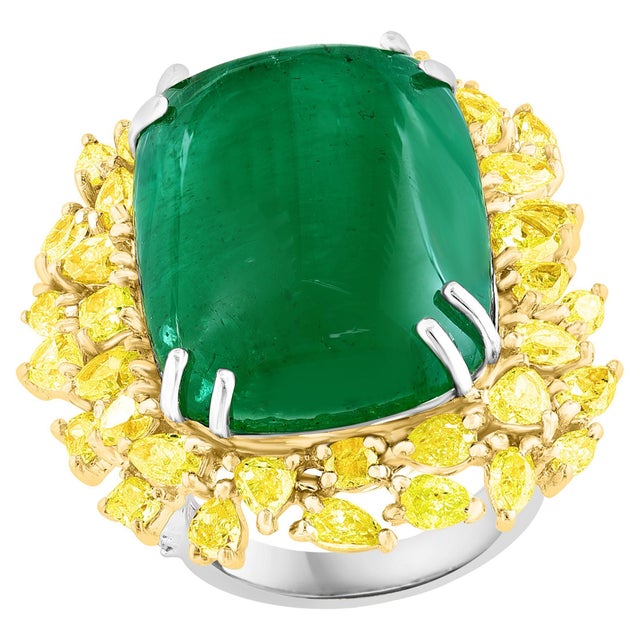 Metal 27.89 Ct Natural Colombian Emerald Cabochon & 5.73 Ct Yellow Diamond Ring 18 Kt For Sale - Image 7 of 8