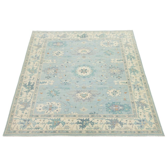 Hand-Knotted Modern Oushak Wool Rug in Soft Sky Blue, Cream & Muted Teal For Sale - Image 10 of 12