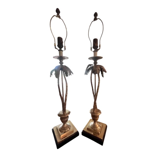 1990s Pair of Solid Brass Palm Tree Table Lamps For Sale