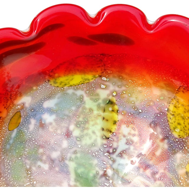 Mid-Century Modern Murano Vintage Red Orange Yellow Silver Flecks Green Italian Art Glass Seashell Centerpiece Bowl For Sale - Image 3 of 10