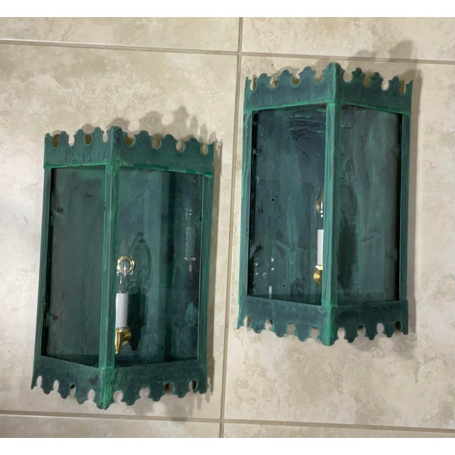 Pair of Artistic Vintage Patinated Metal Wall Lantern Sconces For Sale - Image 11 of 12