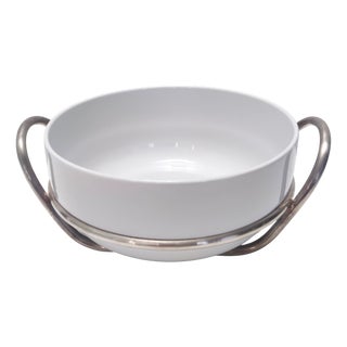 Postmodern Silver-Plated and White Ceramic Serving Bowl by Lino Sabattini, Italy, 1970s For Sale