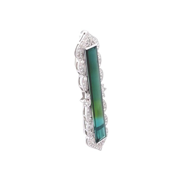 16 Carats Bi-Color Tourmaline Diamond 18k White Gold Antique Style Brooch For Sale - Image 4 of 6