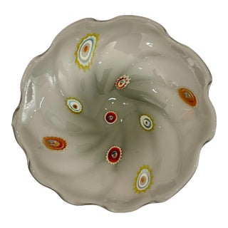 Vintage Murano Style Millefiori Art Glass Bowl- Handblown Italian Ruffled Edge Centerpiece in Smoky Gray For Sale