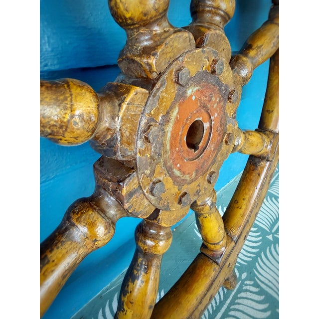 Early 20th Century Large Vintage Wooden Ship Wheel 38.5” Nautical Helm W/ Patina For Sale - Image 5 of 12