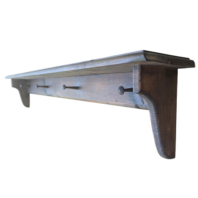 Farmhouse Vintage Farmhouse English Cottage Wooden Wall Shelf With Peg Hooks For Sale - Image 3 of 17