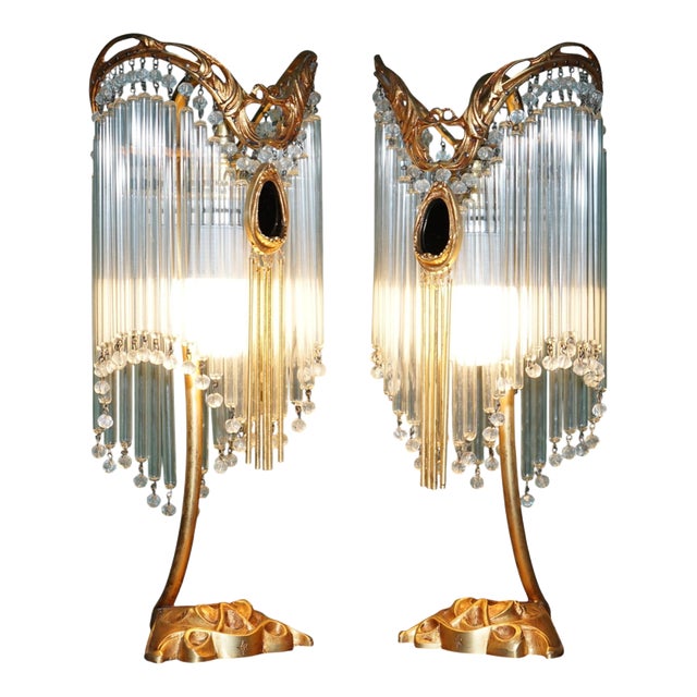 Vintage Art Nouveau Gilt Bronze and Glass Table Lamps by Hector Guimard, 1920, Set of 2 For Sale
