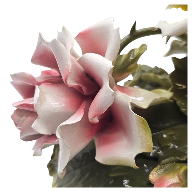 Italian Handcrafted Porcelain Rose Basket Centerpiece – Blush & Yellow Floral Sculpture For Sale - Image 4 of 15