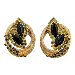 Vintage 1960s Signed Hobe Goldtone Faux-Onyx & Peridot Clip Earrings