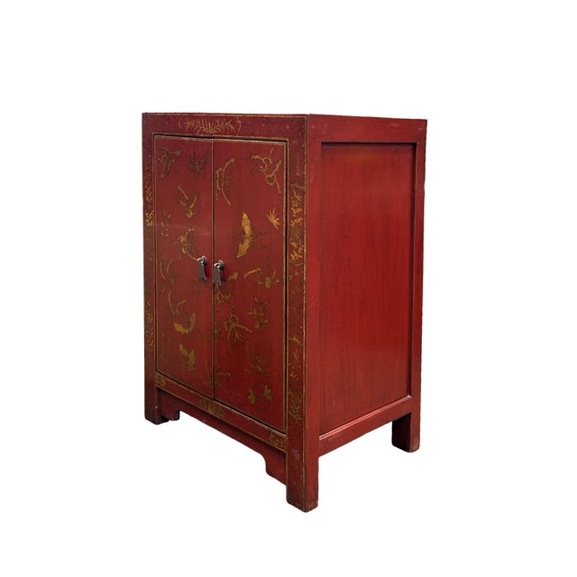 Asian Vintage Style Red Cabinet Gold Butterfly Motifs End Table Nightstand For Sale - Image 3 of 8