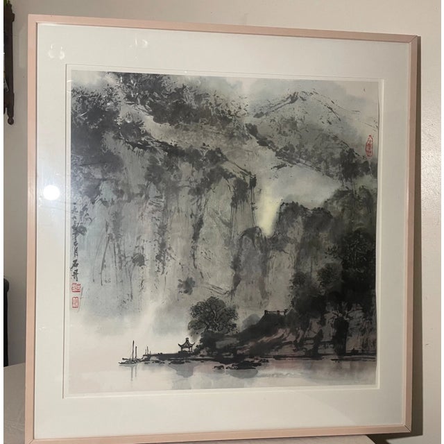 Add a touch of exotic beauty to your home with this stunningly large vintage original Chinese ink/watercolor mountainous...